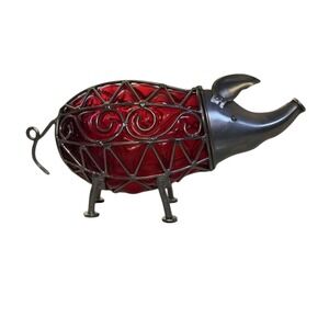 Vintage Red Hand Blown Caged Glass‎ Metal Pig Decorative Figurine 9.75" L